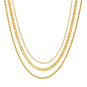 Three-piece gold stainless steel necklace set with snake, Cuban, and twist chain styles