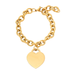 Macro detail of high-polish gold heart charm and thick chain link bracelet design