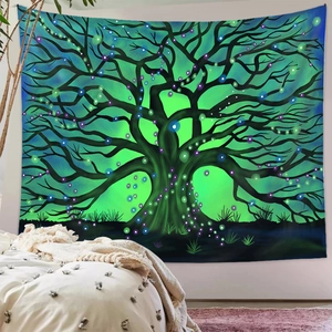 Close-up of magical tree of life tapestry with glowing dots on a white bedroom wall