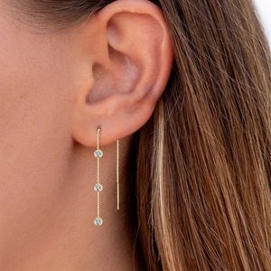Close-up of gold long tassel earrings with three round zircons on a female model