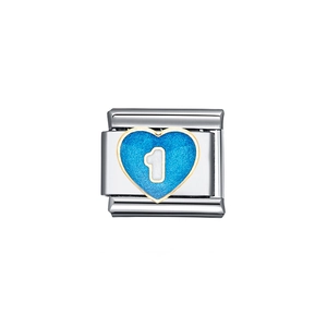 Italian modular bracelet link with blue glitter heart and white number one detail