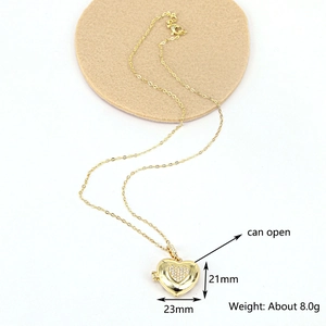 Golden heart locket necklace with zircon inlay, 23mm openable pendant on white background