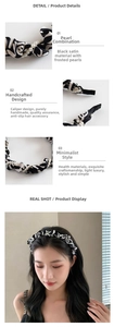 Detailed macro view showing handmade satin fabric and frosted pearls on the headband