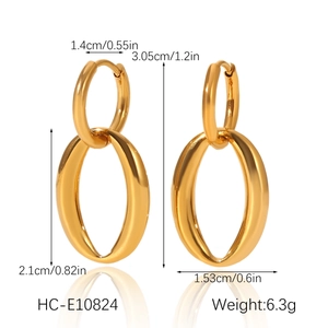 Detailed view of golden stainless steel double oval drop earrings with precise dimensions