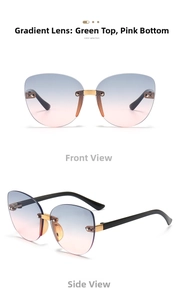 Front and side view of frameless kids sunglasses with blue-green to pink gradient lenses