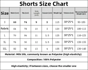 Größentabelle für hochelastische Sport-Shorts mit Taillen-, Hüft- und Längenangaben