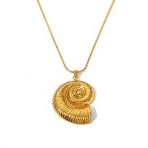 Detailed view of an 18K gold plated spiral conch shell pendant on a gold snake chain