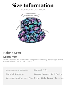Detailed size chart for the skeleton print bucket hat showing 55-58cm circumference