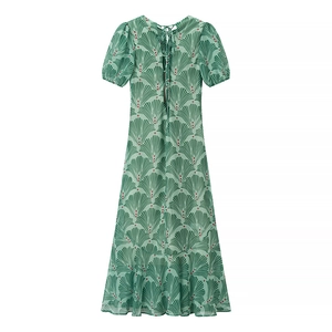 Green printed hollow backless slim maxi dress with back tie design shown from the rear