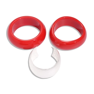 Minimalist red acrylic bangle set with a polished silver wide metal cuff bracelet