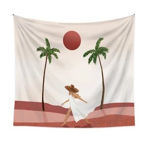 Bohemian tapestry featuring artistic beach girl palm trees and red sun wall decor