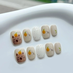Cute Cartoon Capybara Orange Press On Nails Round Square Head Artificial False Nails For Daily Use