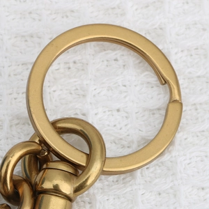Macro shot of polished gold metal keychain hardware featuring a flat ring and swivel clasp