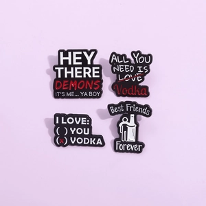 Set of four black enamel pins with funny quotes and durable zinc alloy metal finish