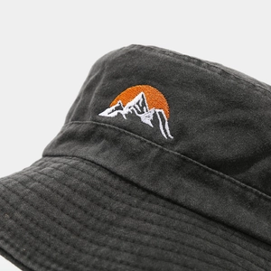 Dark grey washed cotton outdoor sun hat with mountain sunrise embroidery and wide brim