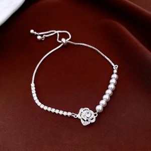Flower Pendant Bracelet With Zircon And Imitation Artificial Pearls Adjustable Bolo Buckle Copper Jewelry For Women