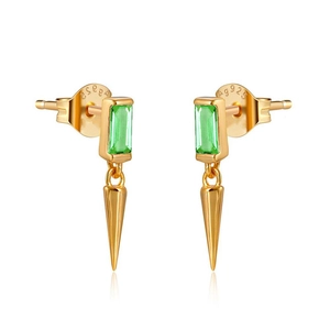 Detailed view of Ag 925 gold-plated earrings with green rectangle zircon and cone pendant