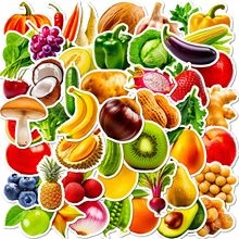 Flat lay of diverse high-saturation cartoon fruit and vegetable stickers on white background