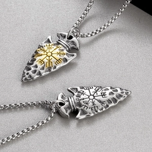 Vintage Viking Vegvisir compass arrow pendant in silver and gold titanium steel