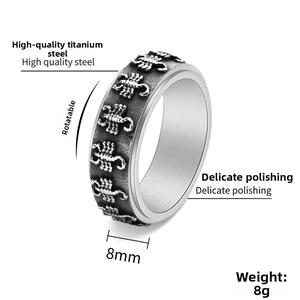 Detail showing 8mm spinning stainless steel ring with embossed scorpion pattern
