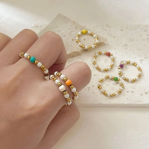 Elastic beaded ring set with 18K gold beads and natural freshwater pearls for women