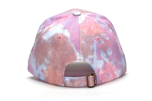 Detail of glitter purple marble baseball cap showing adjustable strap and bronze buckle