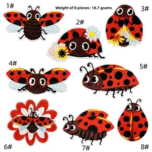 Detailed embroidery texture of 8-piece ladybug patch set for kids clothing DIY