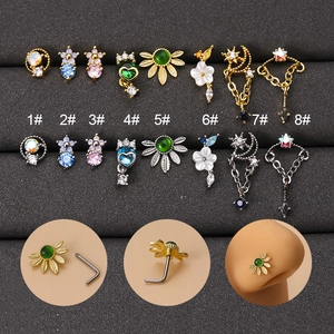 Stainless Steel L-Shaped Nose Studs Copper Zircon Inlaid Flower Leaf Moon Star Piercing Body Jewelry For Women