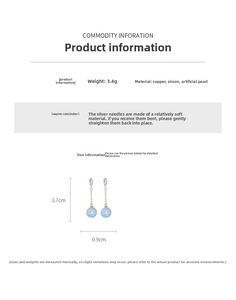Detail shot of pearl drop earrings with zircon and silver pins showing precise measurements