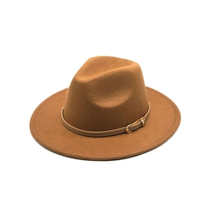 Classic caramel wool fedora hat with a gold belt buckle and flat brim for women