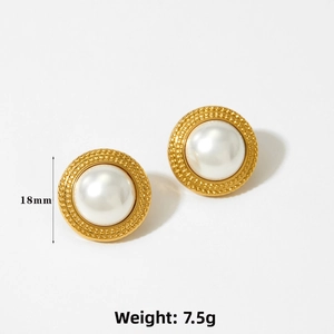 Detail of 18mm gold pearl earrings with textured border, weighing approximately 7.5g