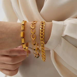 Three-piece set of 18K gold-plated stainless steel chain bracelets for women with adjustable links
