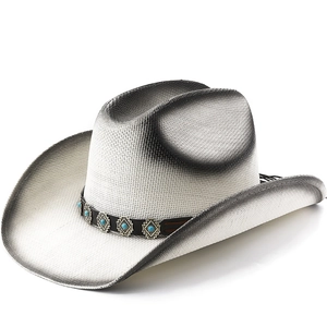 Western Cowboy Hat Woven Straw Sun Protection Wide Brim Gradient Turquoise Beads Decorative Band Outdoor Travel Beach