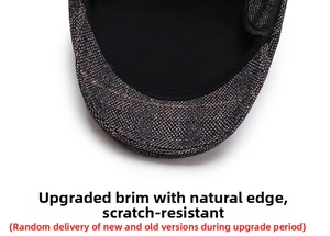 Detailed close-up of plaid tweed fabric texture and black knit lining on the flat cap