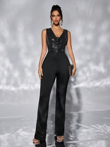 Combinaison noire à paillettes pour femme, col bénitier et pantalon large élégant