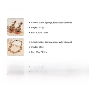 Detailed size and material specifications for tiger eye and resin flower jewelry set