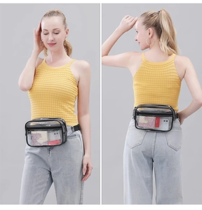 Transparent PVC waist bag with black trim and adjustable strap shown on a model
