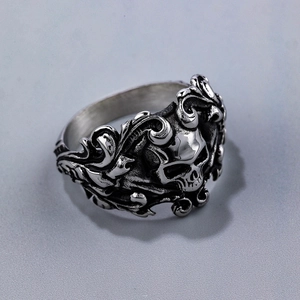Vintage stainless steel skull ring with wave carving, punk gothic style jewelry for men