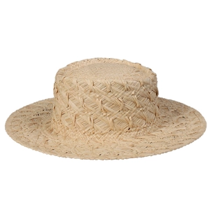 Classic straw boater hat with flat top and wide brim made of natural raffia material