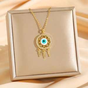 Bohemian gold dreamcatcher necklace with evil eye zircon pendant and feather charms