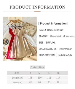 Detailed size chart for elegant imitation silk slip sleepwear with length and bust measurements