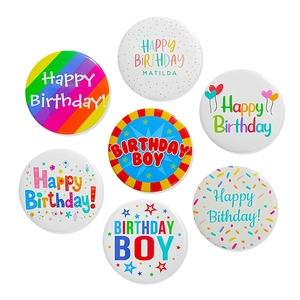 Colorful set of 7 round tinplate birthday badges for boys and girls party decoration