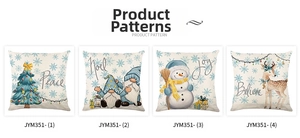 Detailed view of four Christmas pillow covers with festive Snowman and Deer patterns