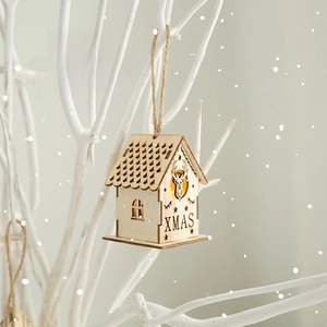Luminous wooden Christmas house ornament with warm LED light and reindeer engraving