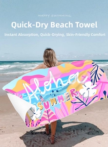 Close-up of microfiber beach towel featuring colorful tropical leaves and Aloha Summer print