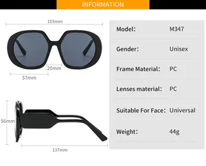 Detailed size chart for M347 oversized sunglasses with PC frame measurements
