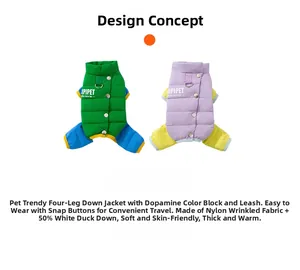 Detail of contrast color dog puffer coat with nylon fabric and D-ring leash attachment