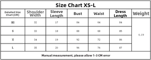 Detailed size chart for plaid mini dress showing measurements for sizes XS to L in centimeters