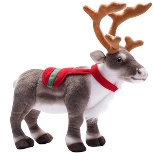 Realistic reindeer plush toy with red and green saddle decoration on white background
