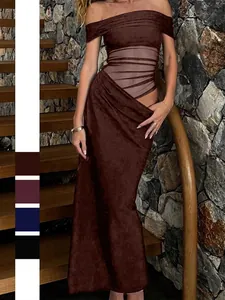 Elegant Off Shoulder Women Evening Dress Mesh Patchwork Ruched High Waist Bodycon Formal Party Maxi Gown
